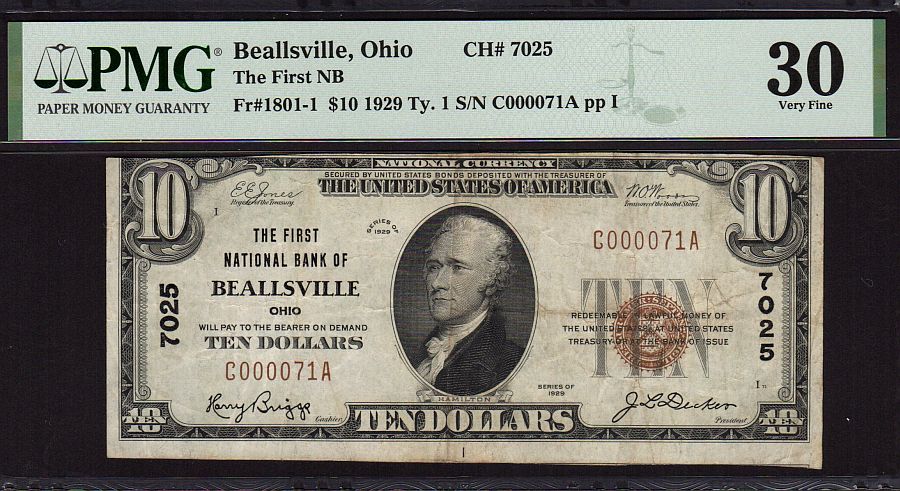 Beallsville, OH, Ch.#7025, 1929T1 $10, VF, PMG-30, C000071A